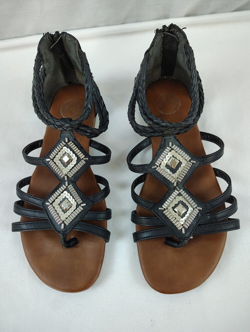 Black Braided Strappy Sandals with Geometric Embellishments Size 7.5